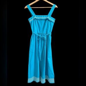 Vintage Lanz Originals Blue Rickrack Trim Midi Sundress Waist Tie Cottagecore